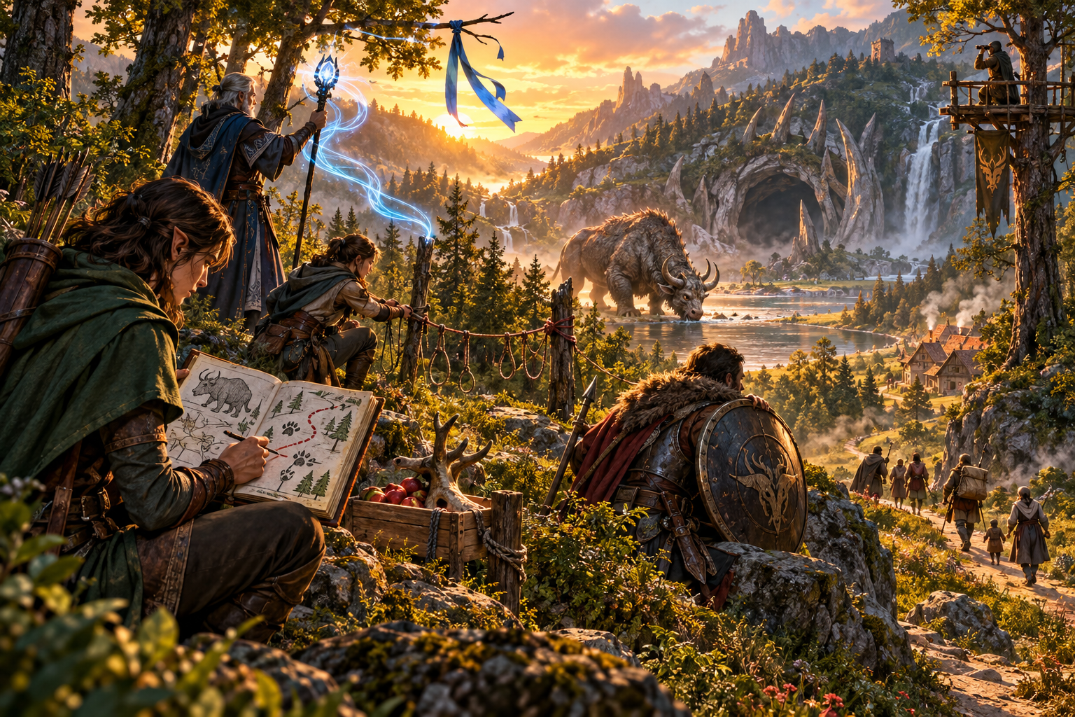 Hunters review a route and prepare rope bait and magical signal above a valley with a horned quarry water cave and nearby settlement