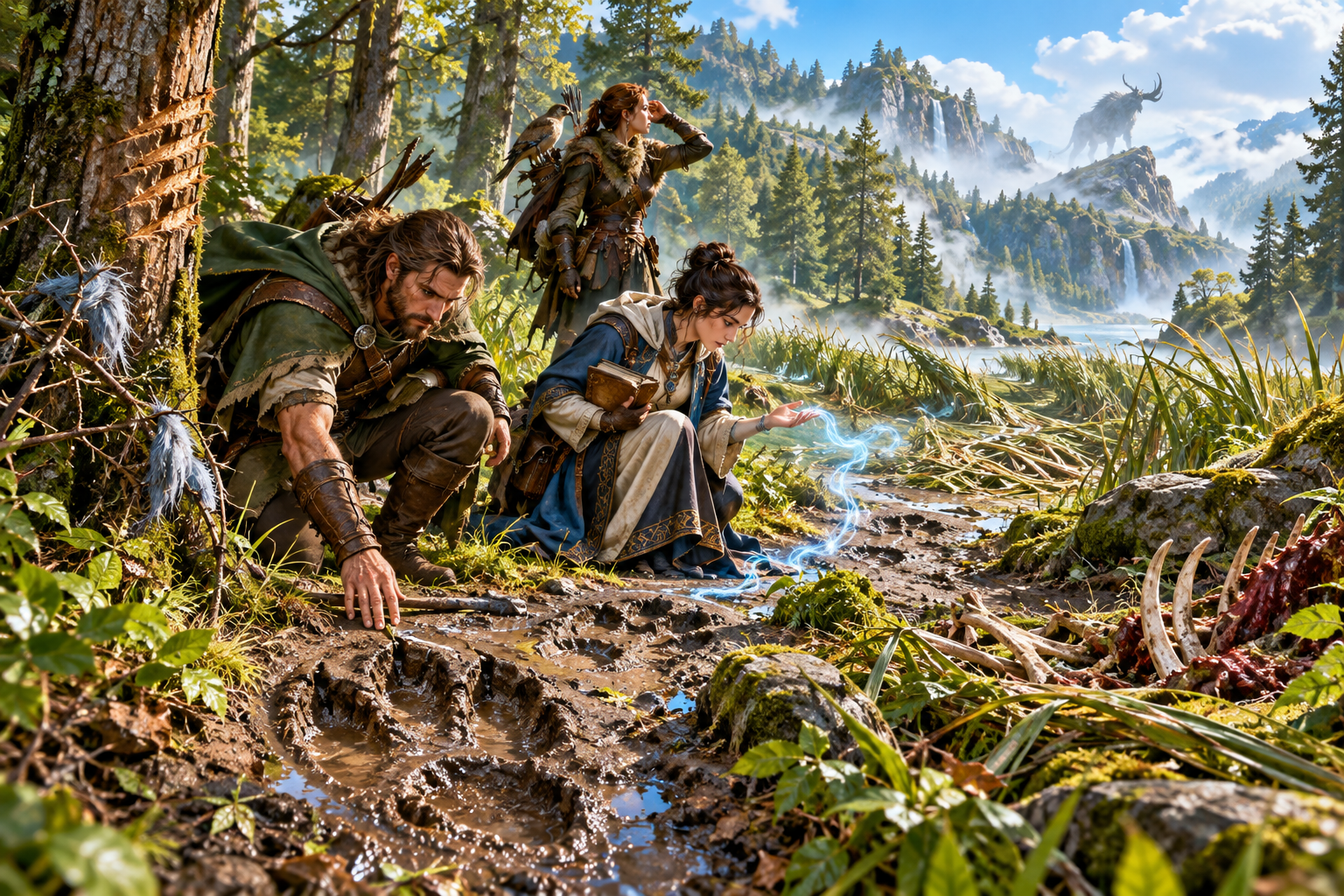 Hunters study tracks gouged bark shed hair prey remains and a blue magical trace while a lookout watches distant quarry