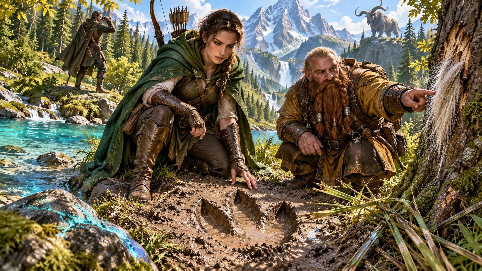 Hunters examine footprints and shed hair beside a forest stream while a lookout watches a horned quarry