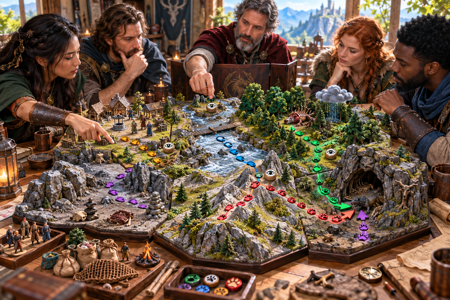 Dungeon Master and players review a model trail with coloured tracks awareness markers weather prey remains routes and a lair
